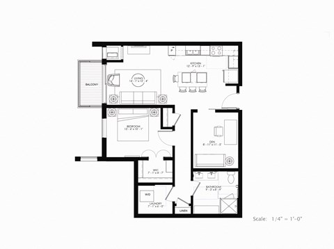 Floor plan for 1 bed, 1 bath, 916 sqft